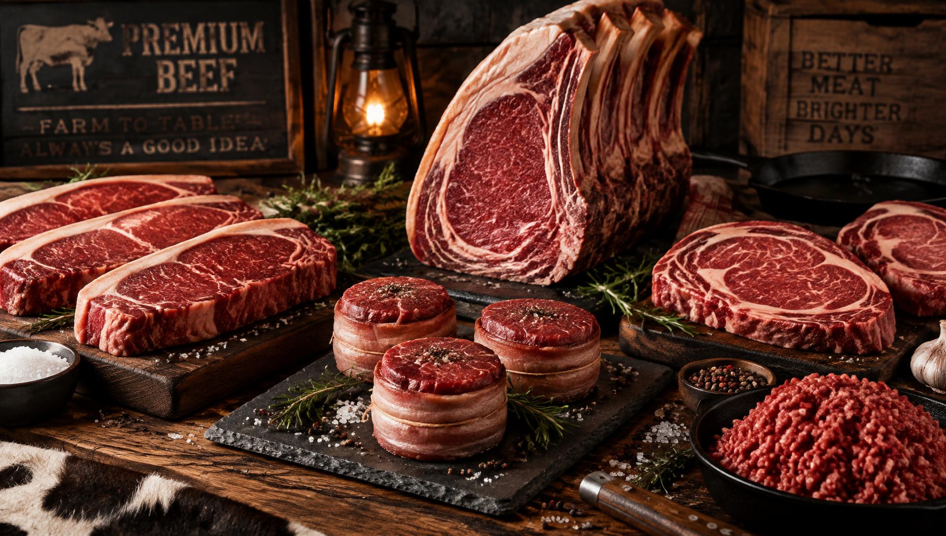 Fresh New York strips, prime rib, filet mignon and ground beef on a rustic butcher table
